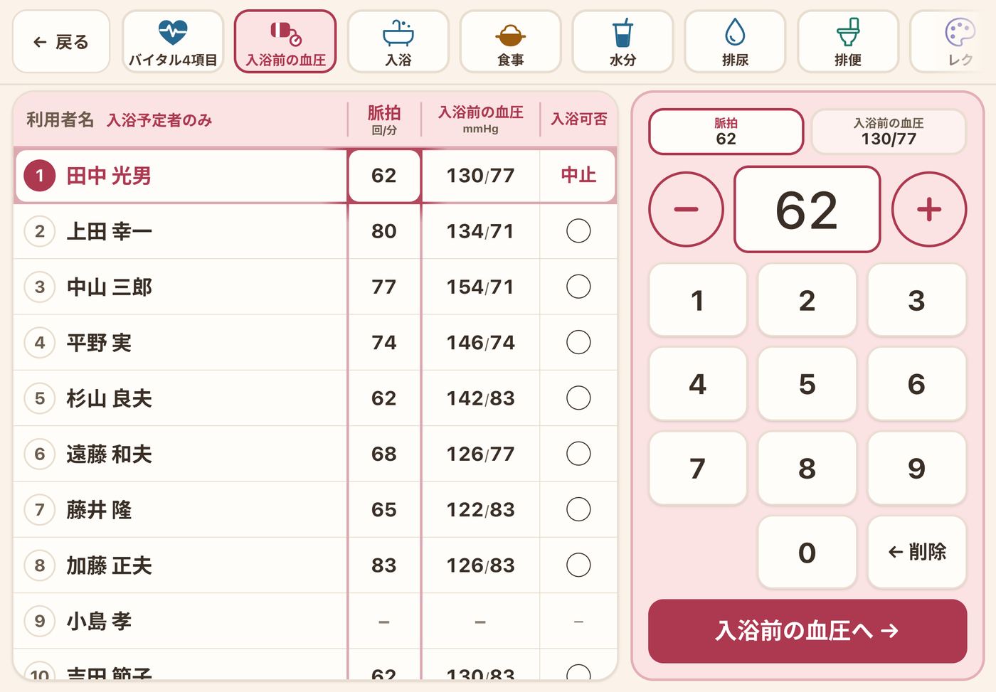 入浴前の血圧をまとめて記録する画面